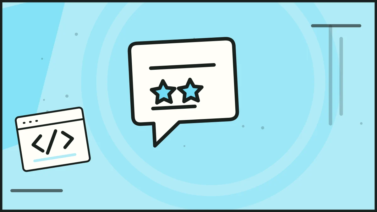 Starred review cards beside code brackets in a browser, illustrating security and privacy.