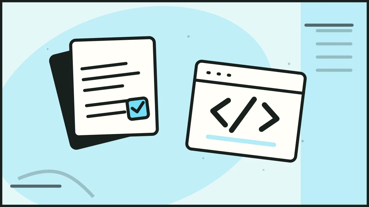 Checked proposal sheets beside code brackets in a browser, illustrating project planning.