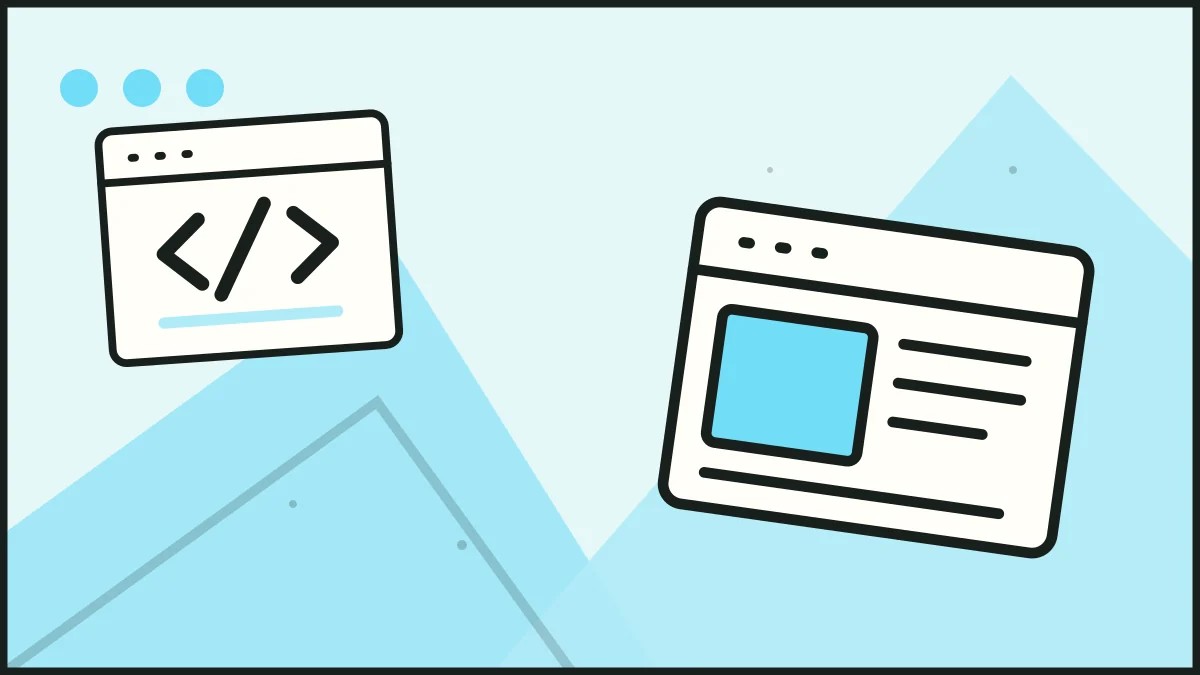 A browser page beside code brackets in a browser, illustrating project planning.