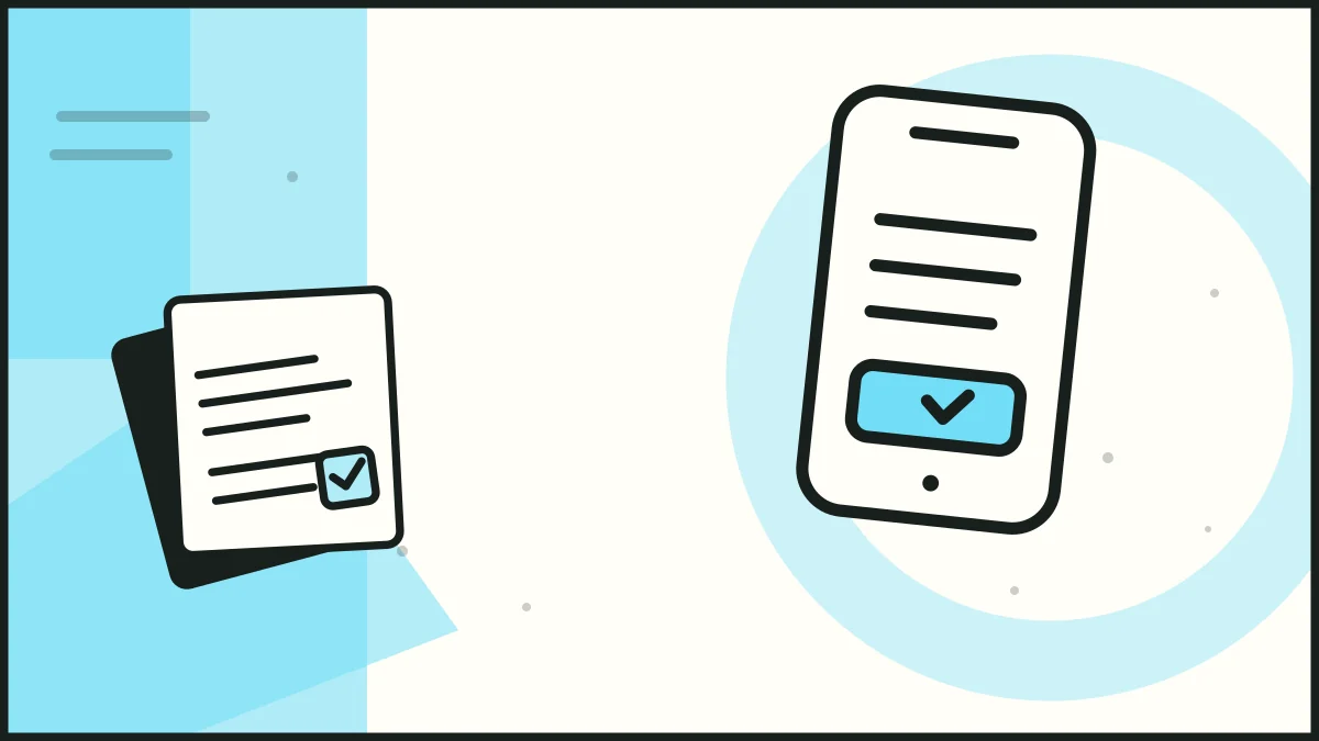 A mobile screen beside checked proposal sheets, illustrating quality assurance.