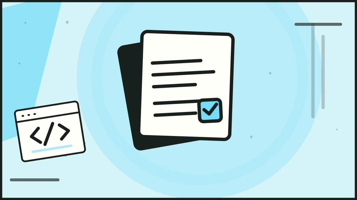 Checked proposal sheets beside code brackets in a browser, illustrating project planning.